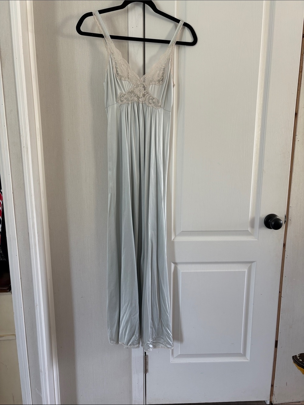 Lace-Trim Satin Long Nightgown in Light Gray